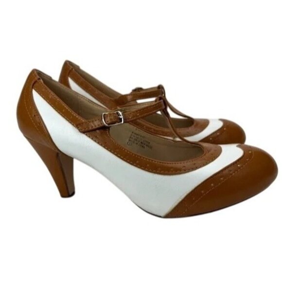 Chase & Chloe Kimmy-31C Womens T-Strap Heels Retro Oxford Style Brown & White Si - Picture 1 of 8